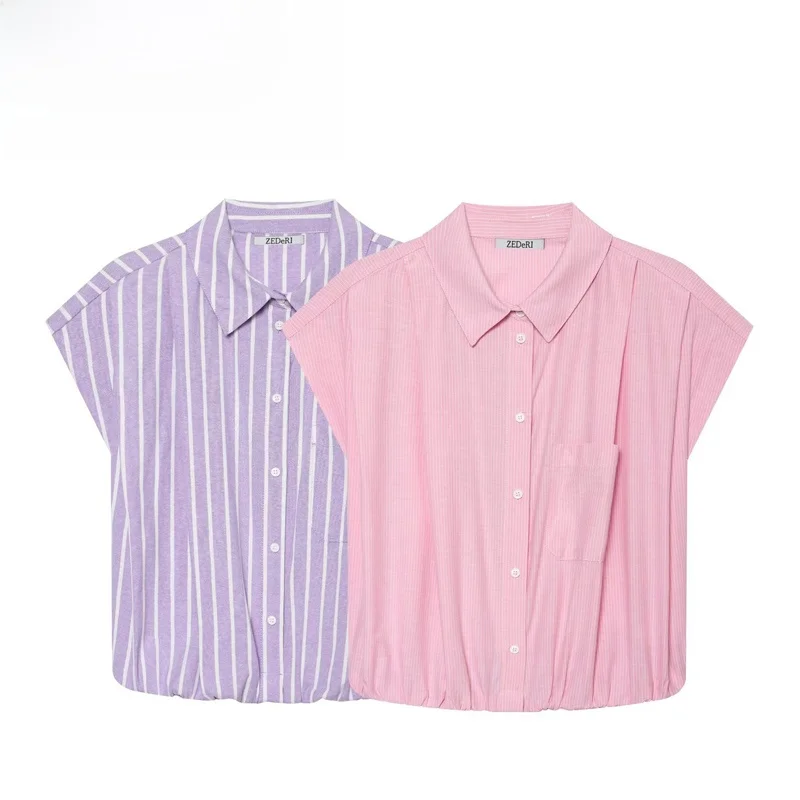 

Fashionable Short Striped Shirt Women's Casual Versatile Personality Checkered Top Polyester Fiber Loose Fit Summer 2026