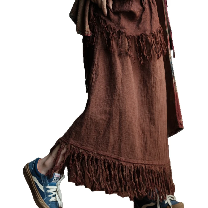 Cotton Linen Women Tassel Long Skirts Casual Maillard A-line Skirts New 2025 Autumn Vintage Loose Comfortable Female Clothing