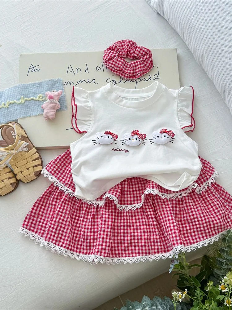 

Летний комплект Sanrio Hello Kitty для девочек, новая детская футболка с короткими рукавами и рюшами, корейская летняя юбка для маленьких девочек, комплект из двух предметов