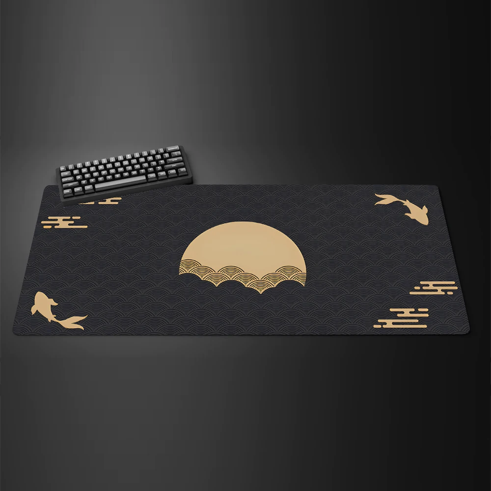 Japanese Desk Mat Black & Yellow Mouse Pad Koi Fish Sun Cloud Japan Art Seal Sunrise Large Gaming Deskmat Rubber Mousepad xxl