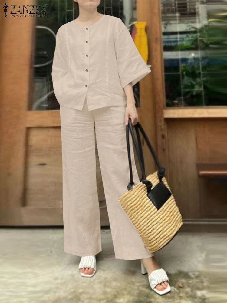 2PCS Fashion 3/4 Sleeve Shirt Wide Leg Pant Sets ZANZEA 2024 Summer Matching Sets Women Elegant Solid OL Work Suits Tracksuits