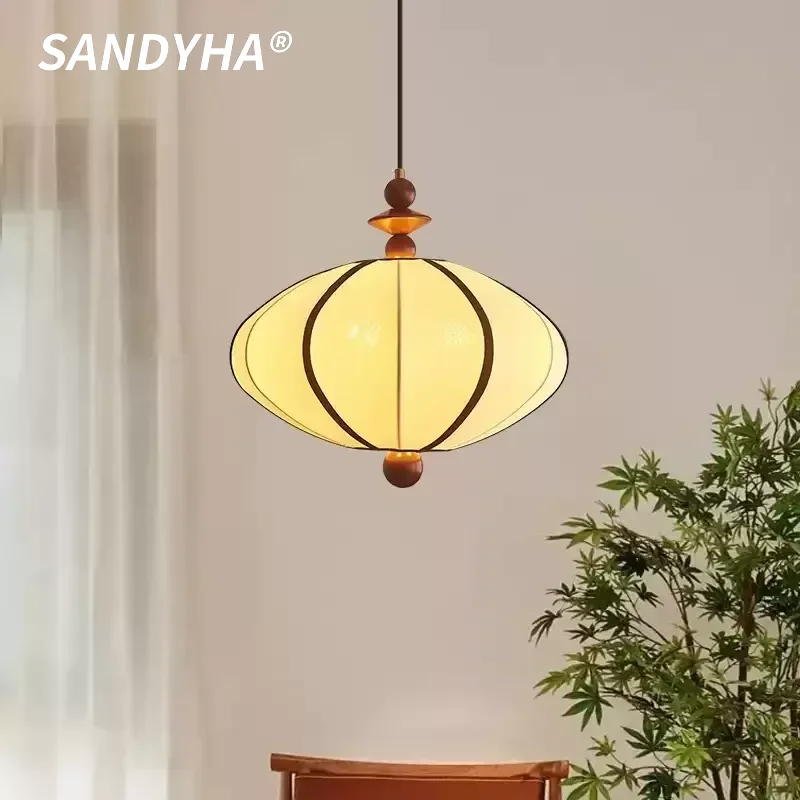 

SANDYHA Retro White Fabric Pendant Lights Round Wooden Ceiling Chandeliers Home Decor Bedroom Living Room Study Led Hanging Lamp