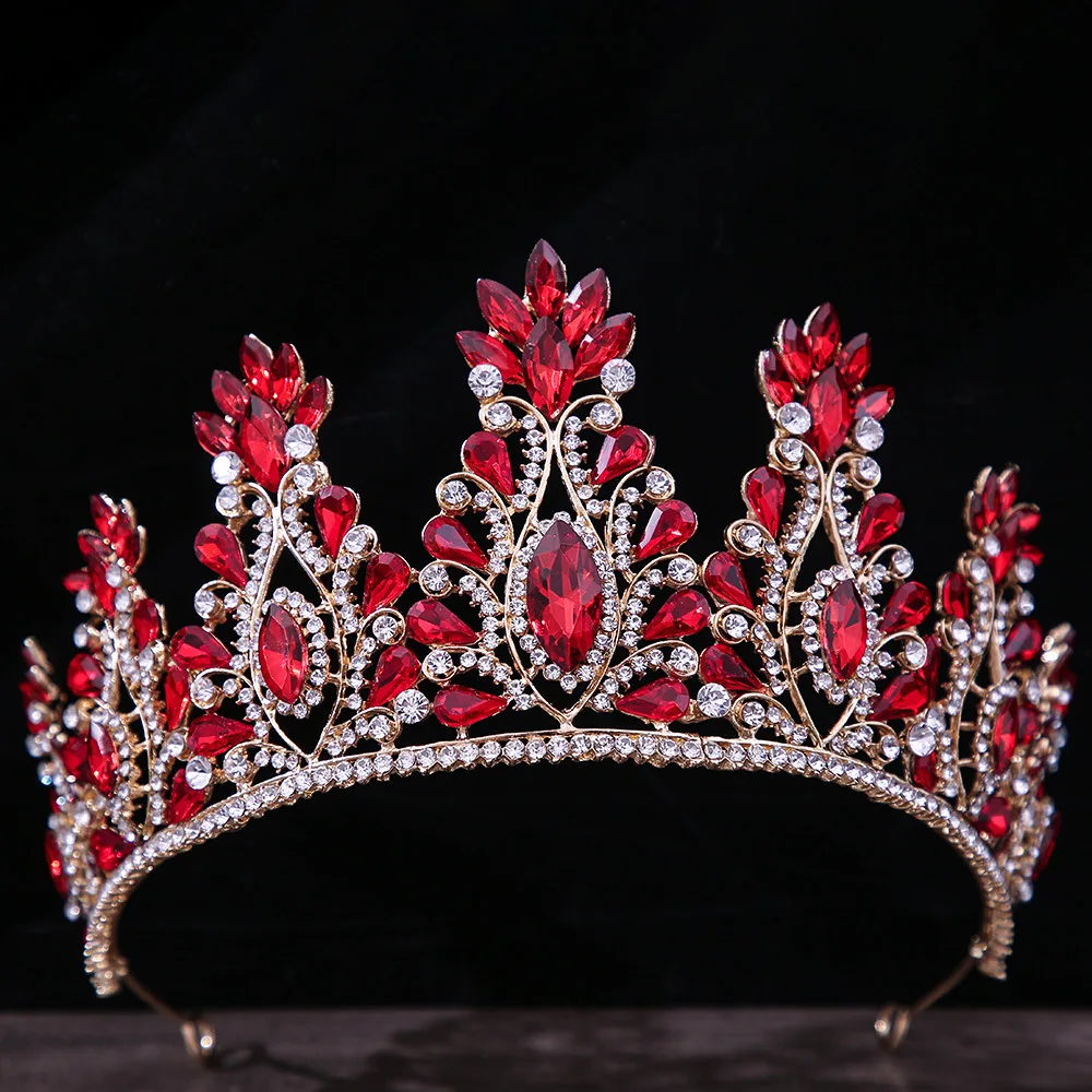 Baroque Vintage Gold Color Red Crystal Bridal Tiaras Crowns Rhinestone Diadem Women Headpieces Wedding Hair Accessories Jewelry