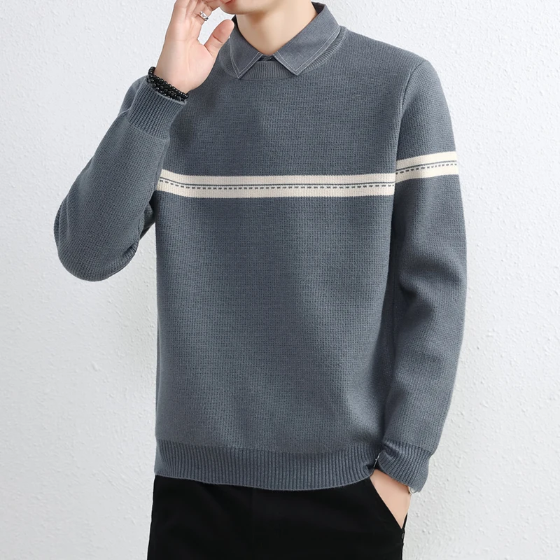 

Мужской повседневный вязаный свитер с воротником-рубашкой, плотный, зимний, имитация двухслойности, комфортный крой, длинный рукав, базовый стиль