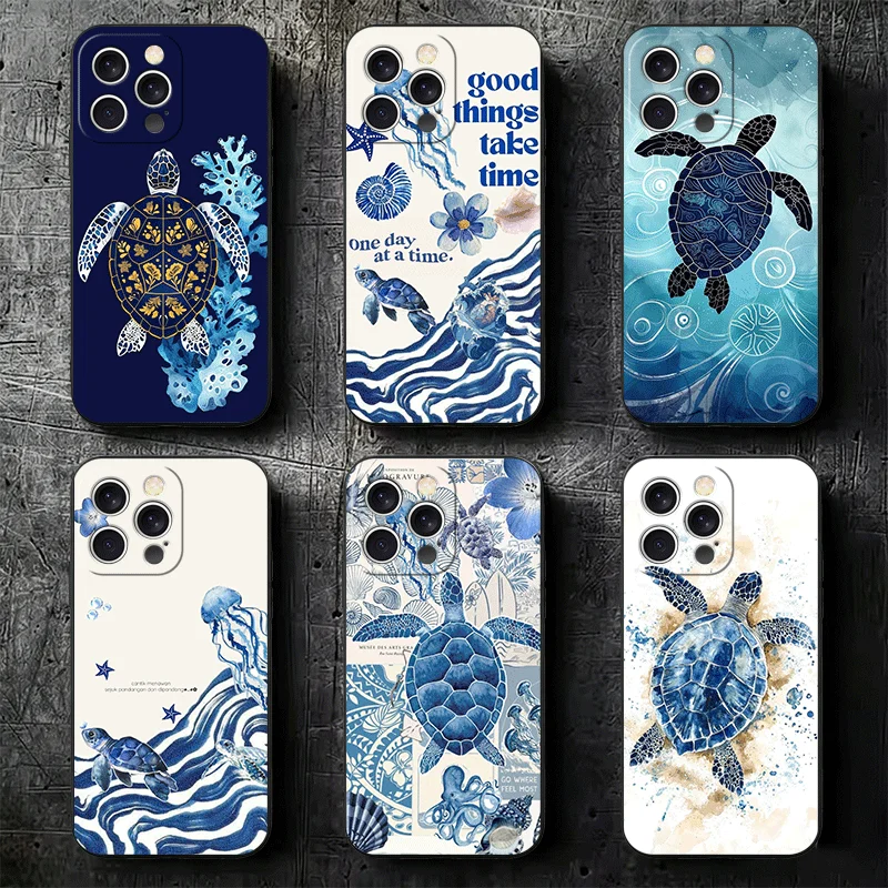 Sea Turtle Art Aesthetics Soft Phone Case for iPhone 11 13 14 15 16 Pro Max 17 Air 16E 12 Mini 7 Black Fundas Back Cover