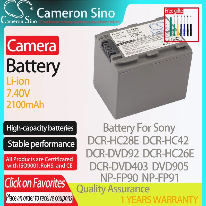 CameronSino Battery for Sony DCR-HC28E DCR-DVD92 DCR-HC42 DVD905 DCR-DVD403 DCR-HC26E fits Sony NP-FP90 Digital camera Batteries