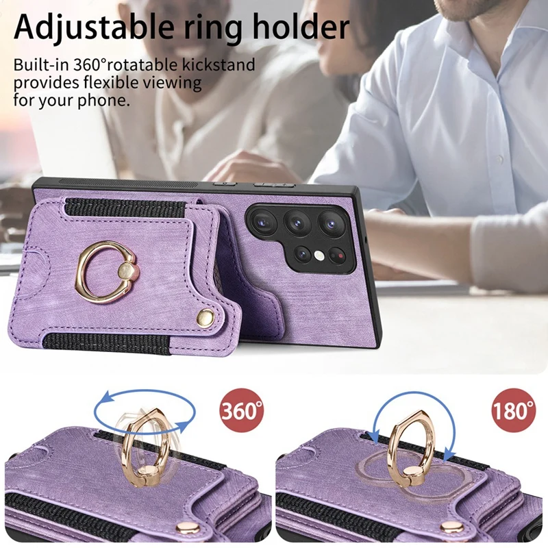 For Samsung Galaxy S24 Ultra Mobile Phone Case Leather Magnetic Wallet Card Slot Cover Fall Protective Cover Replacement Purple