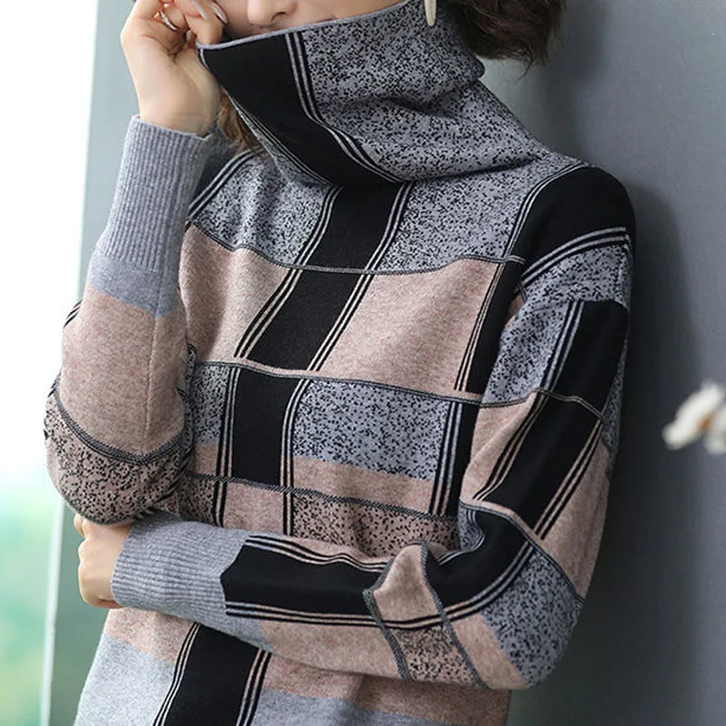 Fashion Simplicity Plaid Turtleneck Sweaters for Female Autumn Winter Commute Casual Long Sleeve Knitted Tops Women\'s Clothing