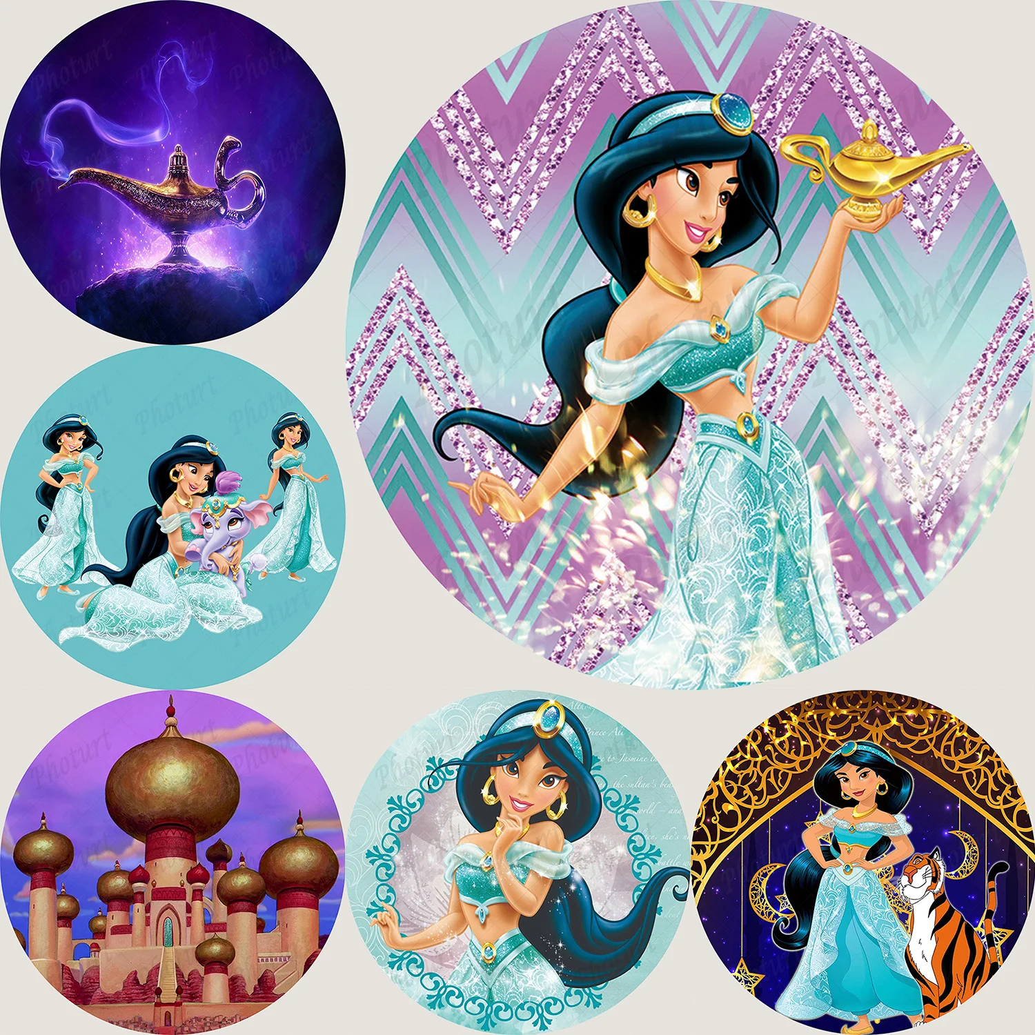 

Round Disney Aladdin Jasmine Princess Background Kids Birthday Party Backdrop Circle Banner Photography Decoration Props