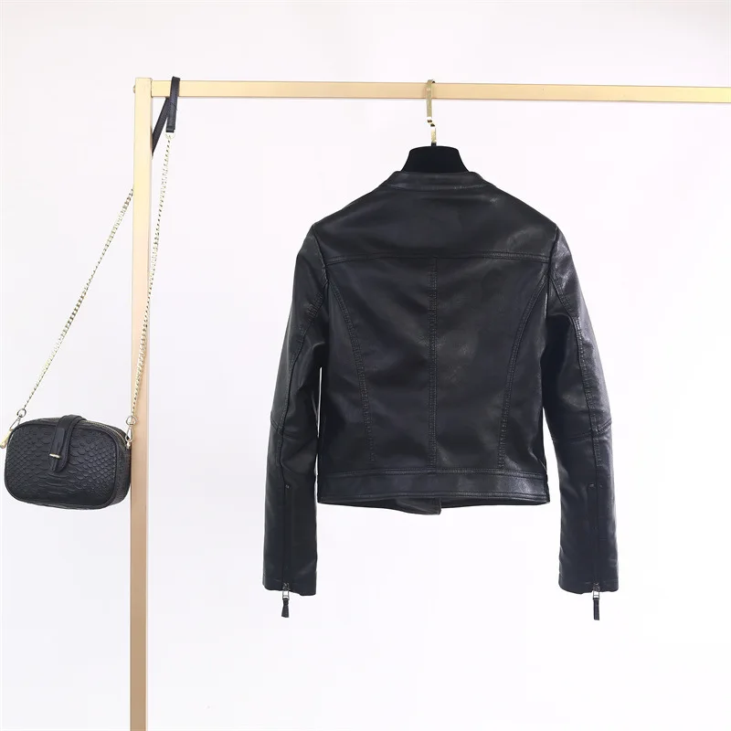 2024 Spring New Women's Stand up Collar Slim Fit PU Washed Leather Motorcycle Leather Coat Versatile Coat