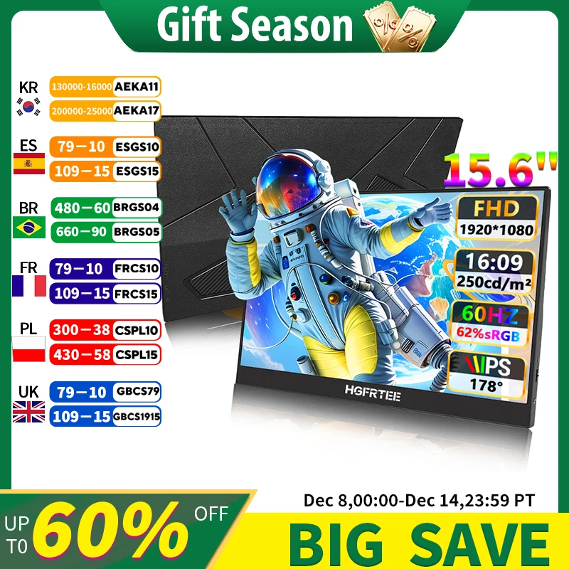 

15.6" FHD 62%sRGB 250Nits Ultra thin Back Stand Design Portable Monitor for Phone Gaming Laptop