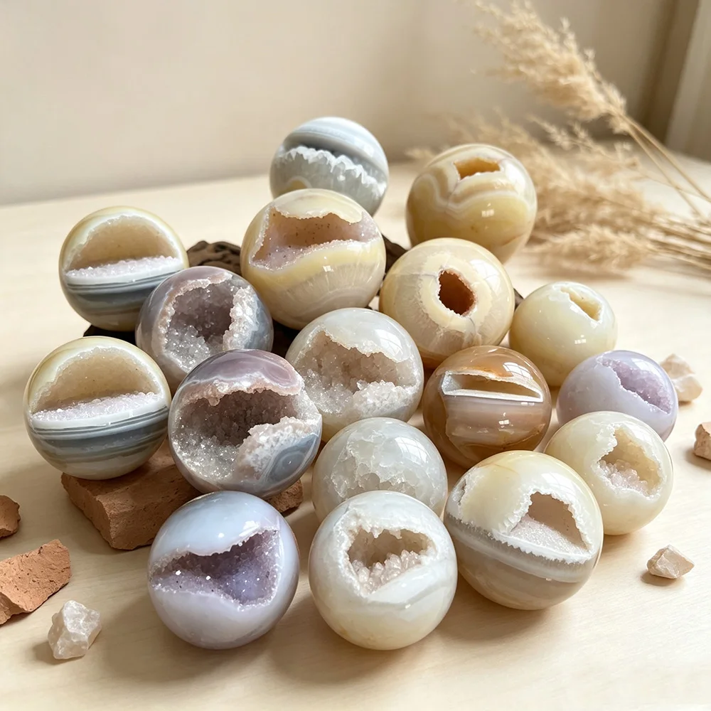 Natural Banded Agate Druzy Geode Sphere Polished Candy Crystal Ball Mineral Specimen Home Table Decor Craft Gift