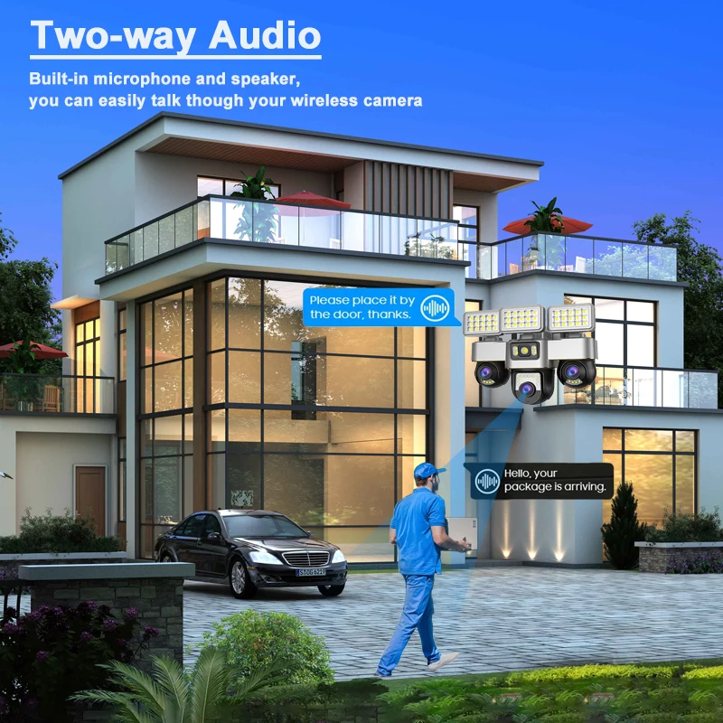 Telecamera di sorveglianza 12MP 4G Tre lenti CCTV impermeabile esterna Visione notturna a colori Monitor di tracciamento del movimento Cam Illuminazione a LED Cam