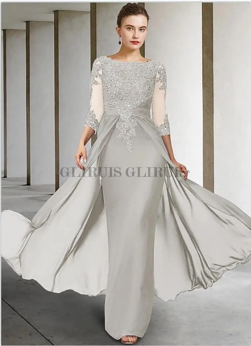 

Long Sleeve Mother Of The Bride Dresses For Weddings Big Size O Neck Chiffon Formal Lace Applique Evening Party Guests Dress