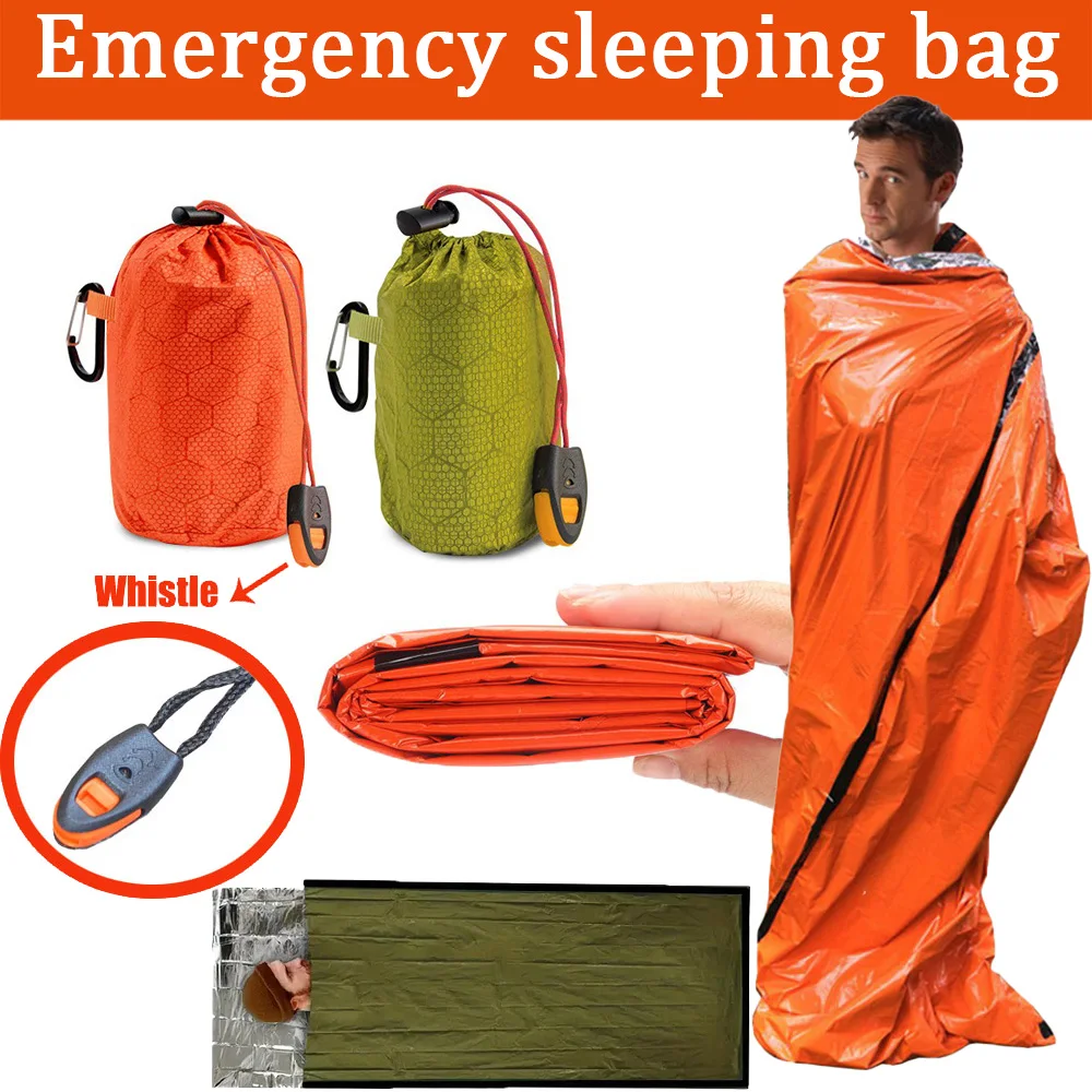 

1Pc Portable Survival Blanket PE Aluminum Film Thermal Sleeping Bag Warm Windproof Waterproof Camping Outdoor Equipment, Whistle