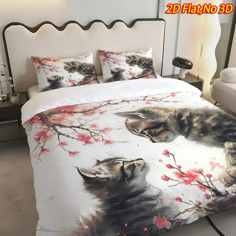 2D ultra-soft digital print duvet cover set, includes three-piece set with pillowcases and duvet cover, cherry blossom cat theme, does not include filling, the fabric is soft and comfortable, suitable for bedrooms, hotels, well-known hotels, and school dormitories. 1*duvet cover + 1/2 pillowcase