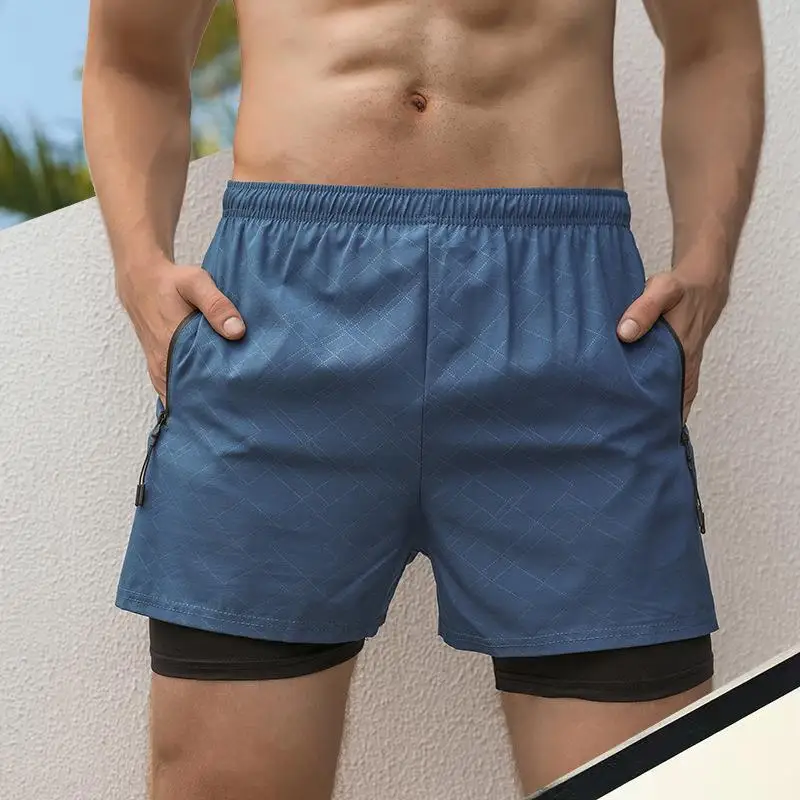 

Мужские тонкие спортивные шорты для активного отдыха, пляжа и бега, с высокой эластичностью, из полиэфирного волокна, летние, до колена