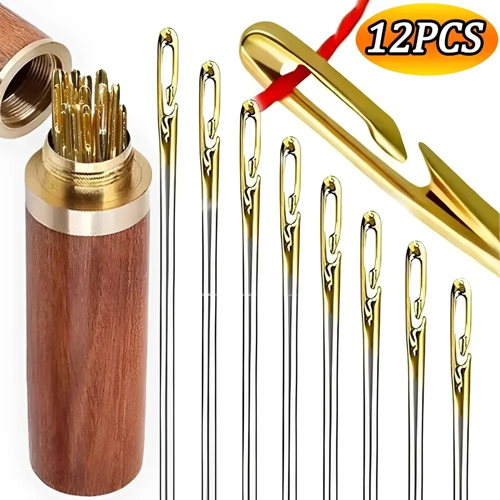 12Pcs/set Stainless Steel Blind Sewing Needles Side Big Hole Self Threading Hand Sewing Needle DIY Beading Tool Stitching Pins