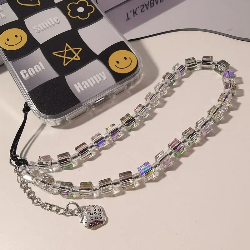 Crystal Sugar Bead Phone Chain Charm Strawberry Pendant CCD Camera Hanging Chain Phone Case Hanging Rope Colorful Wrist Chain