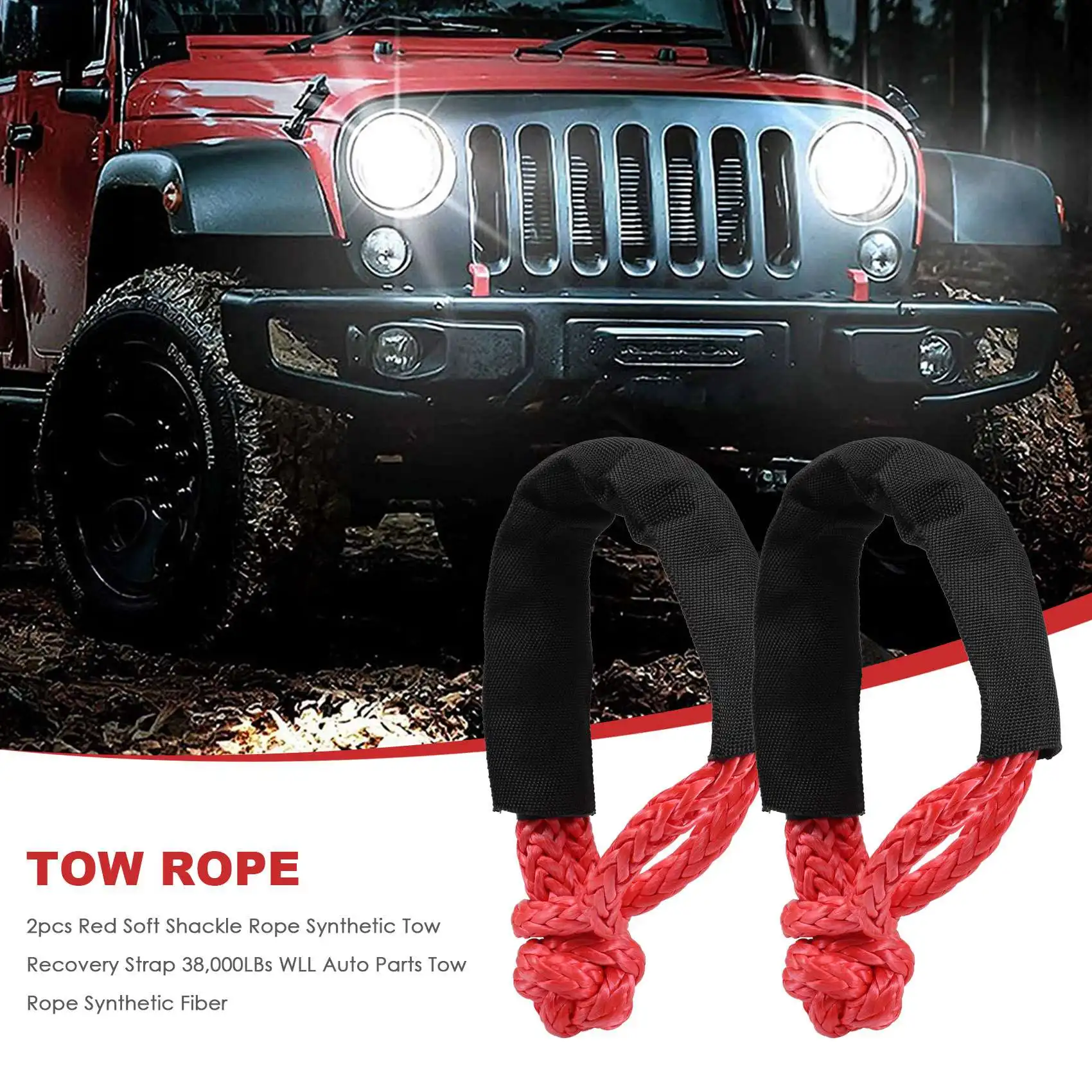 Super Sale 2X Red Soft Shackle Rope Synthetic Tow Recovery Strap 38,000LBs WLL Auto Parts Tow Rope Synthetic Fiber