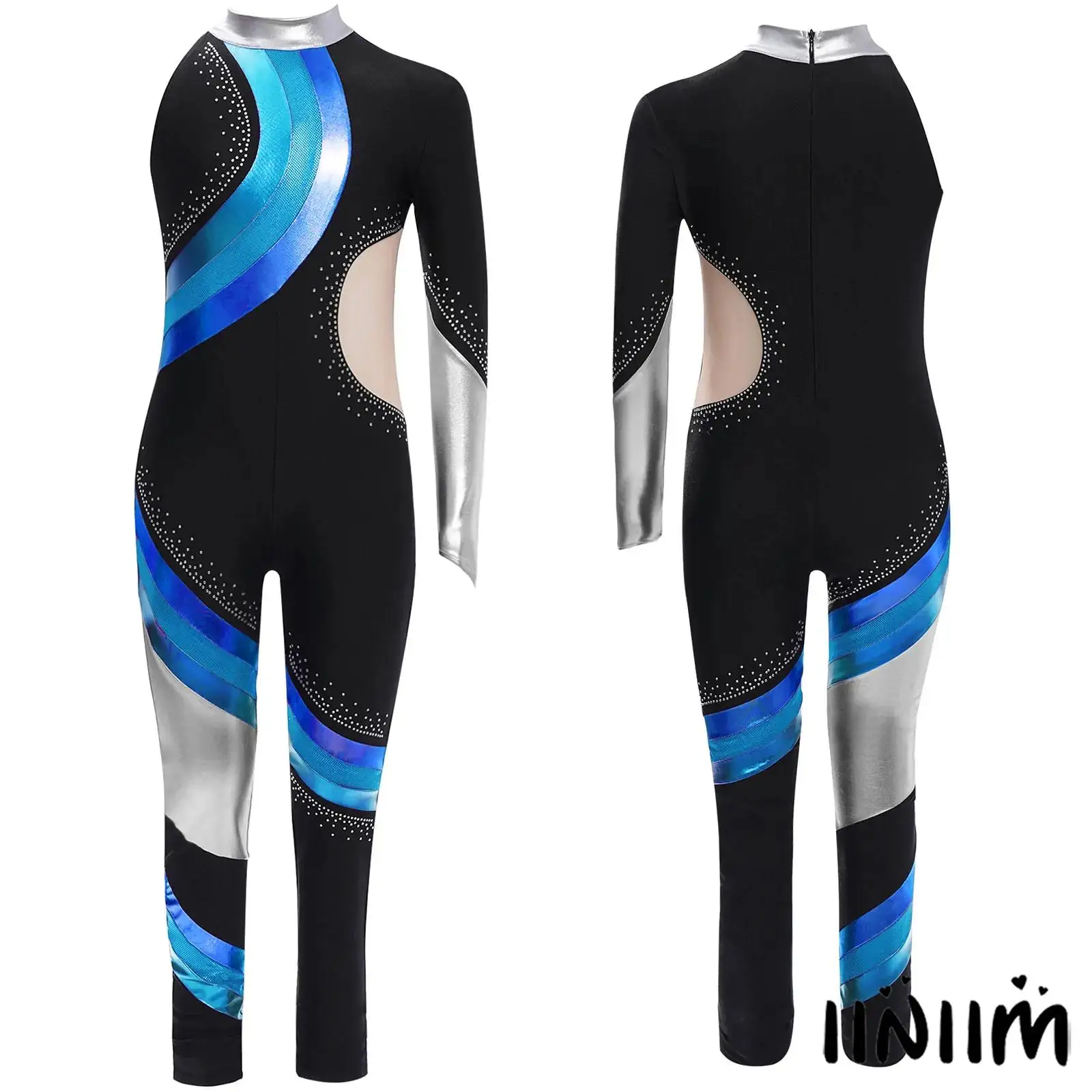 

Kids Girls Rhythmic Gymnastics Jumpsuit Asymmetrical Color Block Shiny Rhinestones Full Length Bodysuit Stage Performance Wear
