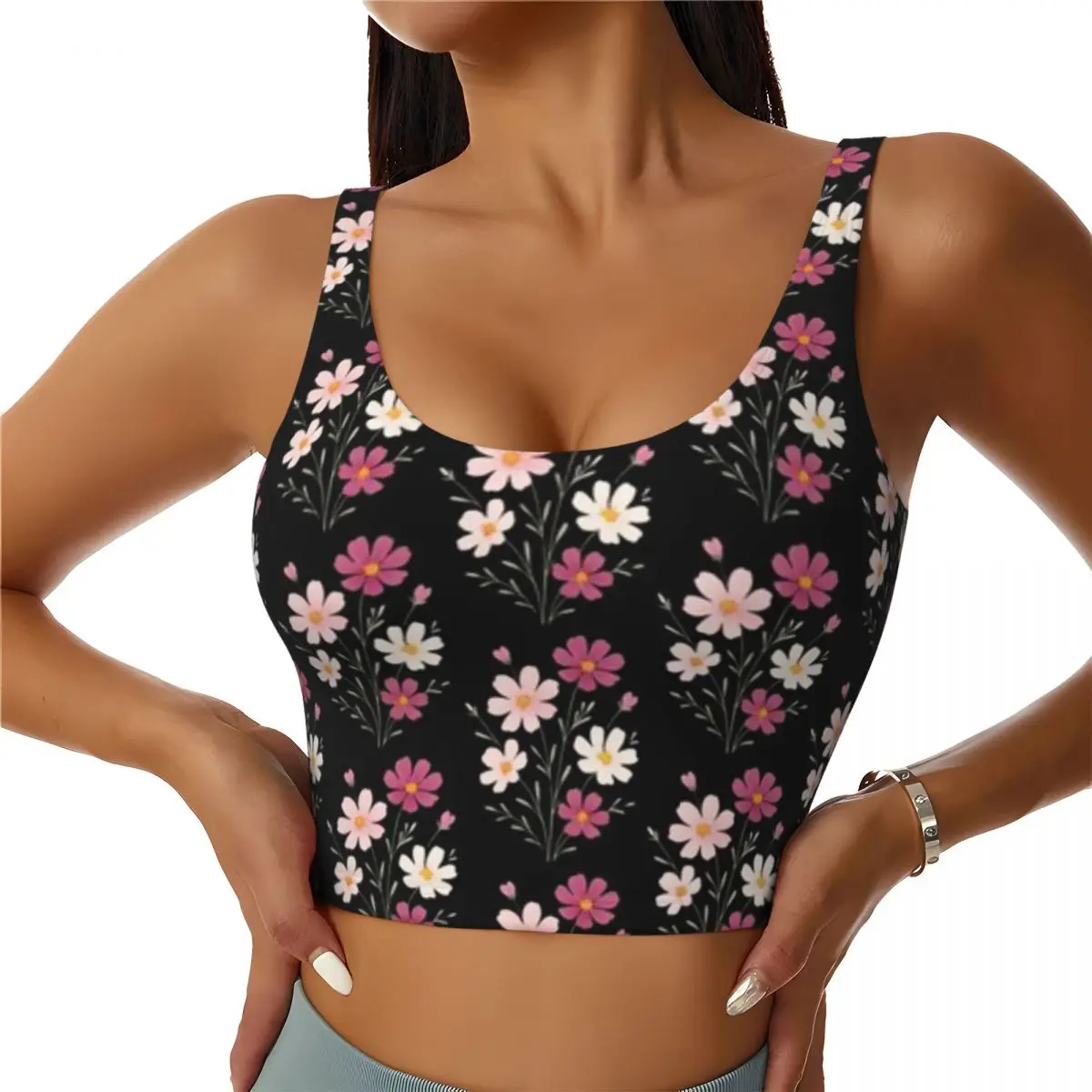 Off Shoulder Yoga Top Cosmos Flowers Watercolor Painting Physiotherapy Exercise Breathable Tank