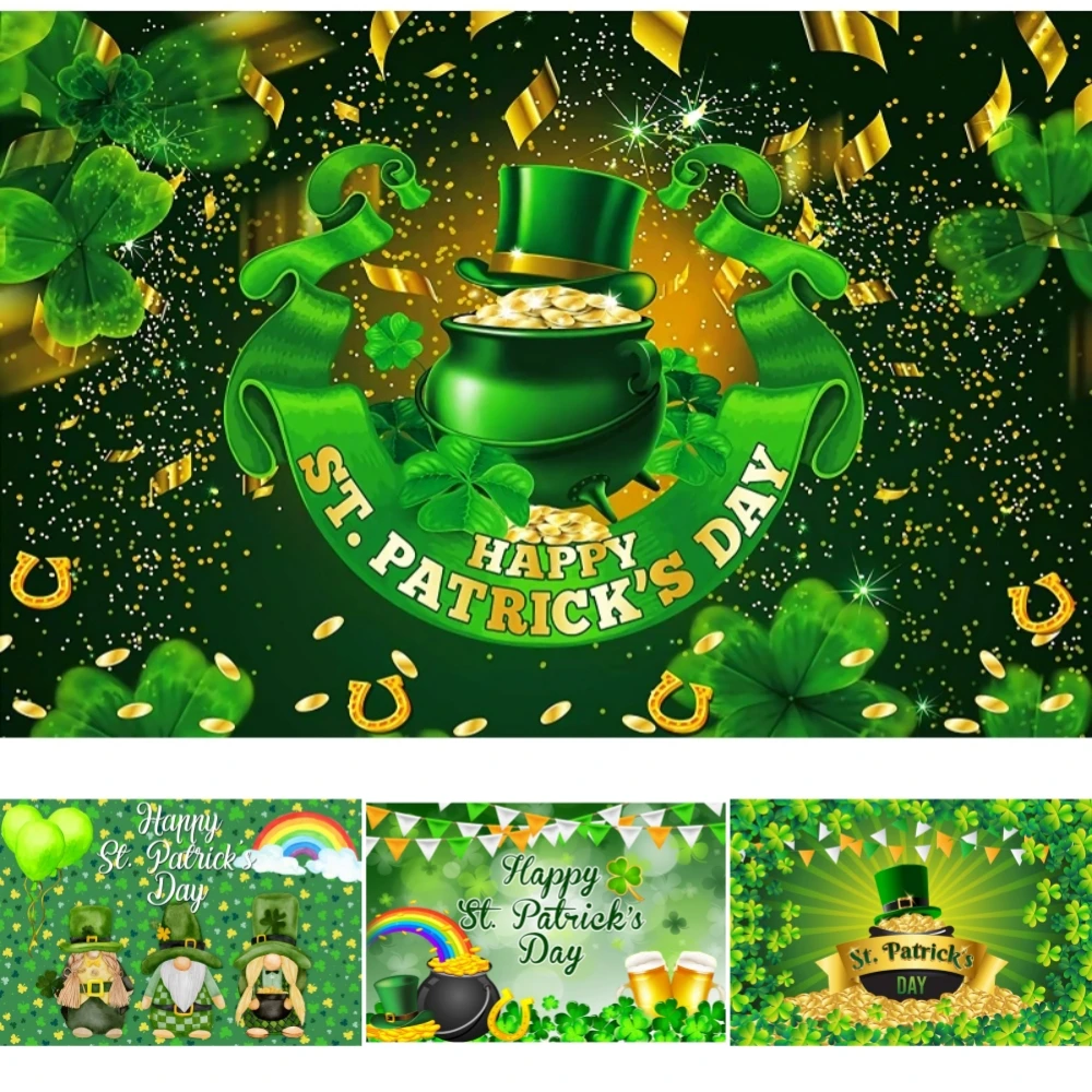 

Happy St. Patrick's Day Backdrop Photo Shamrocks Green Elf Irish Beer Bagpipes Party Decor Background Photography Props