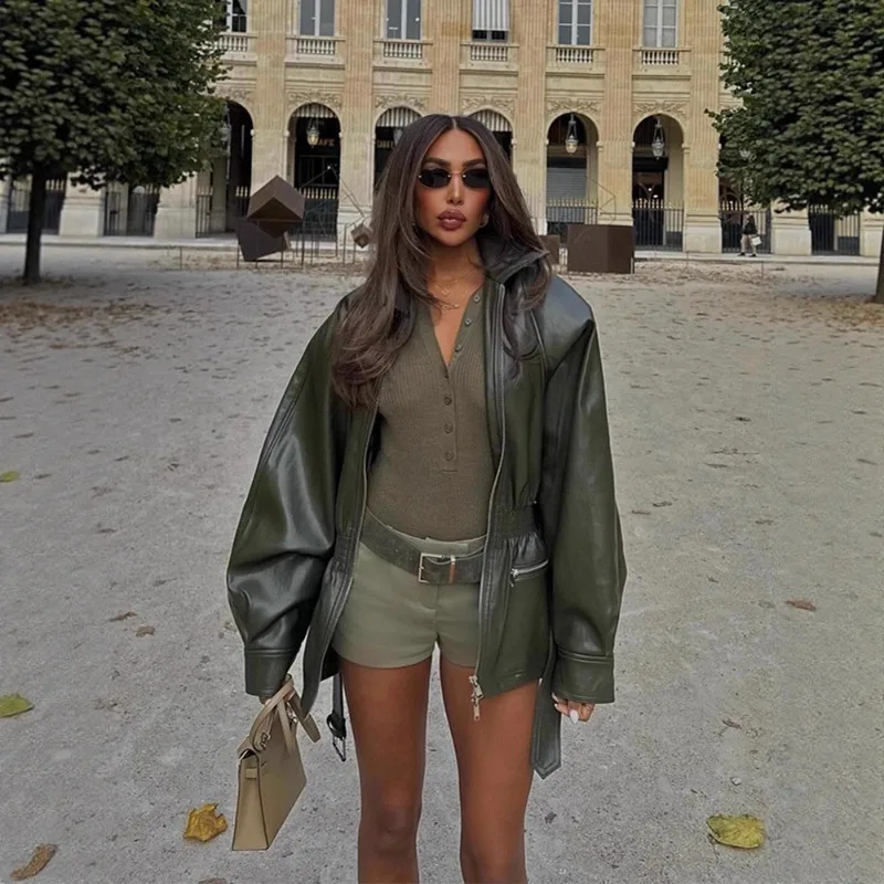 Damen Herbst-Winter Oberteile Mäntel Jacken Kunstlederjacken mit Reverskragen Gürtel Taillierte Passform Neuheiten Einzigartiger Stil Schick Trendy
