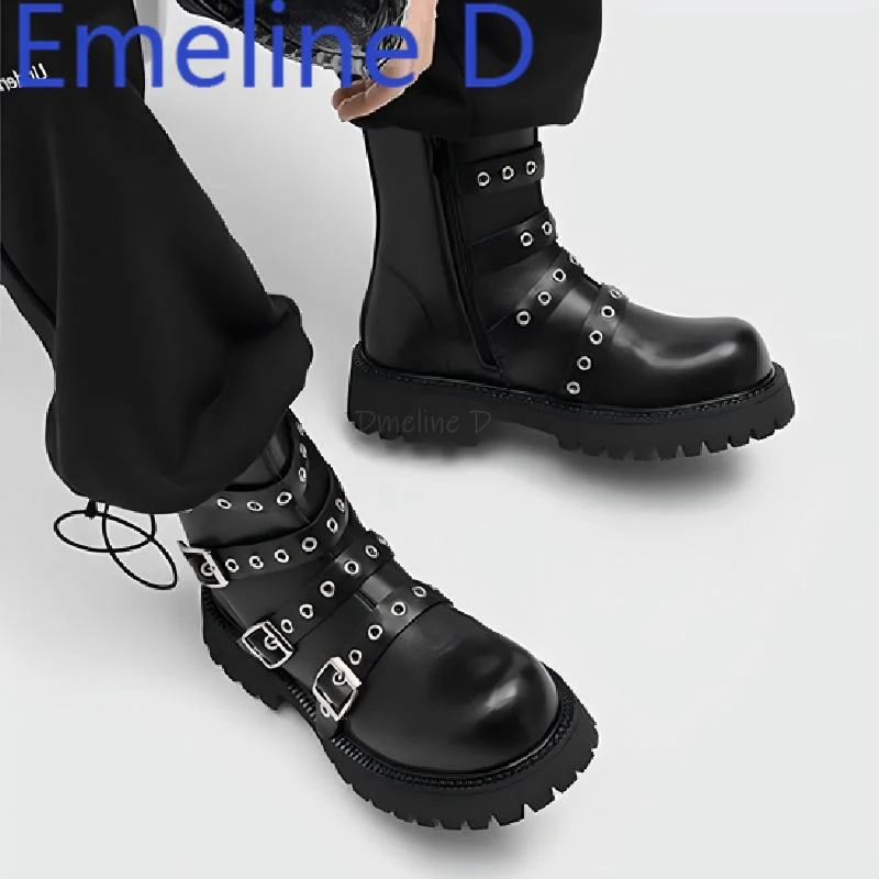 Rivet belt buckle ankle boots fashionable height increase thick bottom zipper round head, black personalized design short boots