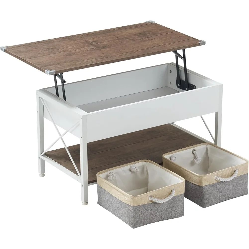 

Lift Top Coffee Table with Two Cloth Bins Storage, Farmhouse White for Living Room, Small Space in Minimalistic/Retro Style