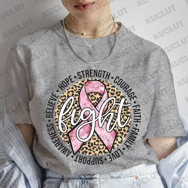 Women Clothing Fight Breast Cancer Shirts Pink Cancer Ribbon T-shirts Leopard Breast Cancer Summer Tee Breast Awareness Clothing