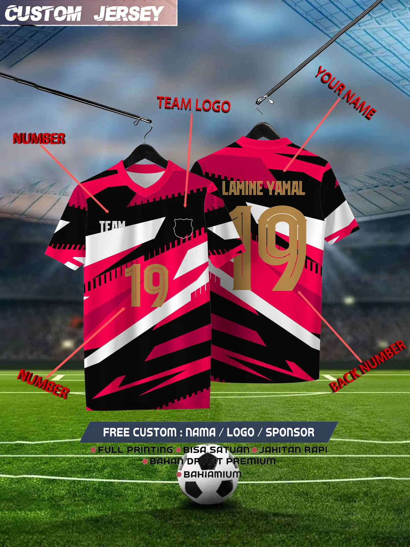 

Customized Geometric Red Short Sleeved Shirt with Team Name, Emblem, Name and Number, Outdoor Sports Short Sleeved T-shirt
