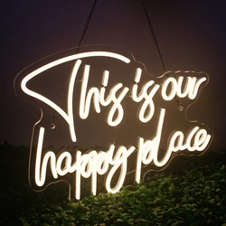 This is our happy place Neon Signs for Wall Decor Warm White LED Signs for Bedroom Living Room Kid Room Bar Party Decor Neon