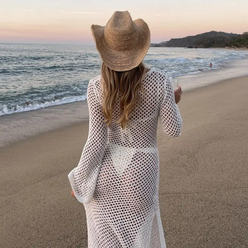 2024 Kintted Cover Up Beach Sexy See Through Maxi fessura Bodycon Summer Dress bikini Cover-Up elegante Chic manica lunga Beachwear