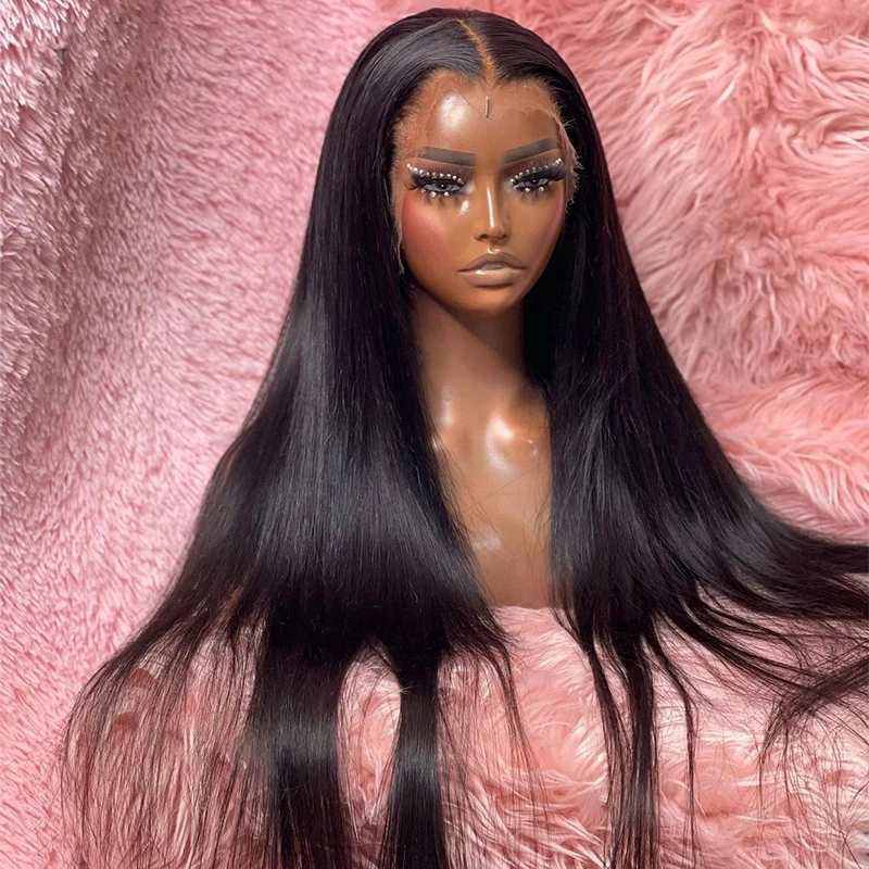 Natural Black Silky Straight Lace Front Wig 26Inch 180Density For Black Women With Baby Hair Glueless Synthetic Preplucked Daily