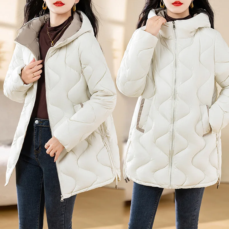 Parkas Coat Women Hooded Mid Length Jacket Solid Zip Diamond Quilt Drawstring Long Sleeve Thick Office Lady Casual 2025 Winter