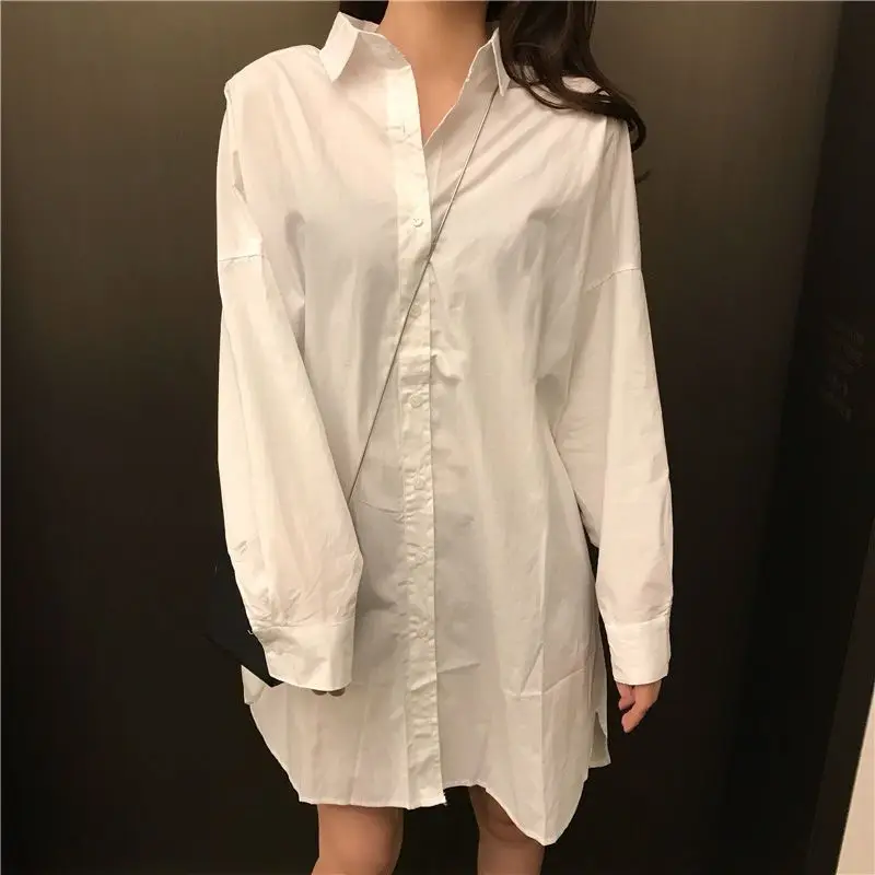 

Gidyq Fashion Women White Chiffon Shirts Korean Casual Streetwear Loose Midi Shirts Female All Match Long Sleeve Tops Spring New