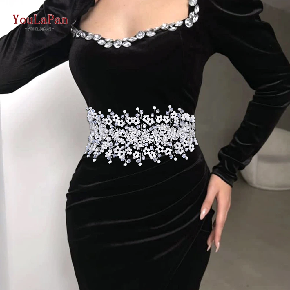 YouLaPan Luxury Pearl Crystal Wide Belt Silver Color Bridal Waist Accessories Women Wedding Dress Waist Chain Gowns Belt SH839