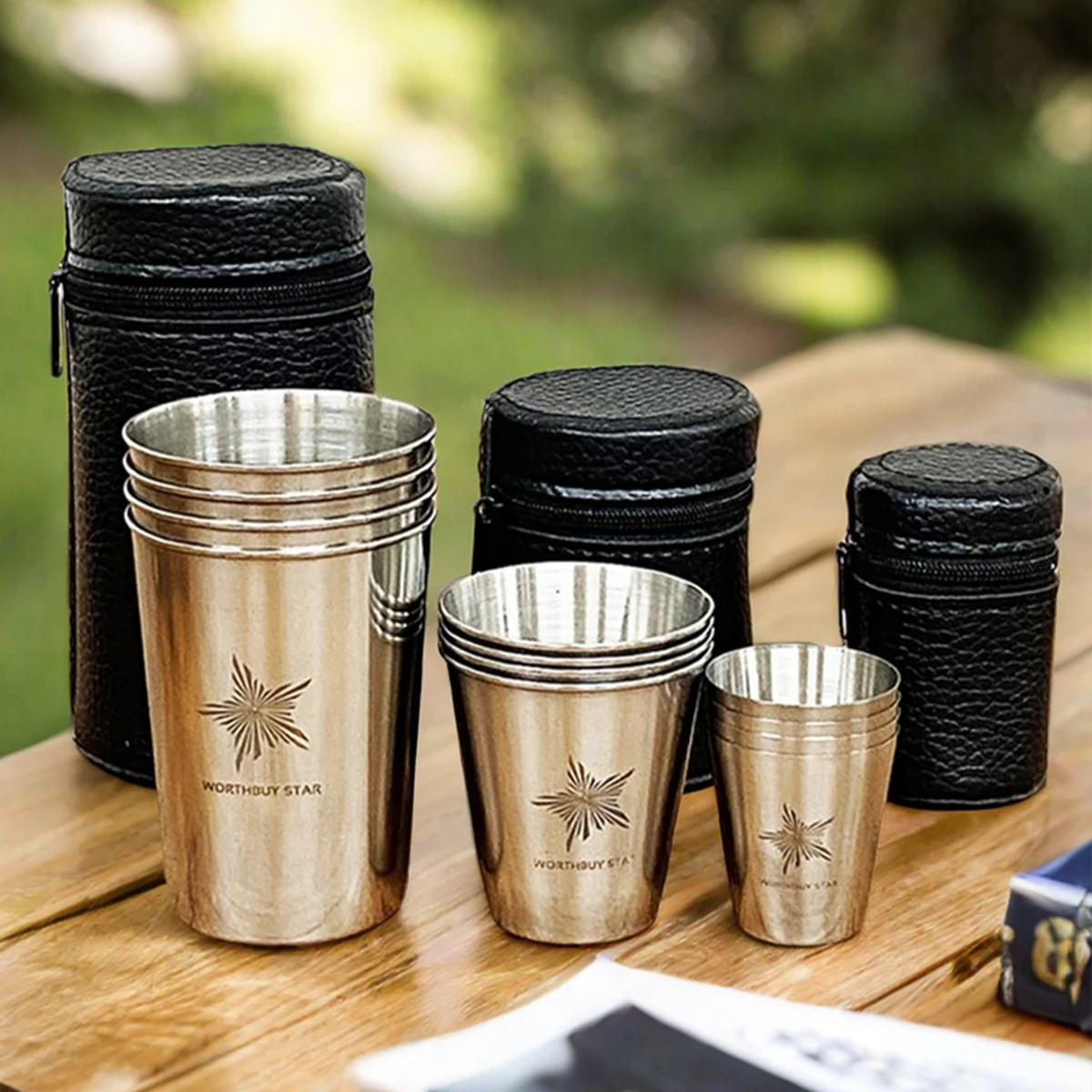 Juego de 4 Vasos de Agua de Acero Inoxidable para Viajes al Aire Libre, Vasos Portátiles para Cerveza con Estuche, Mini Vasos para Whisky y Vino