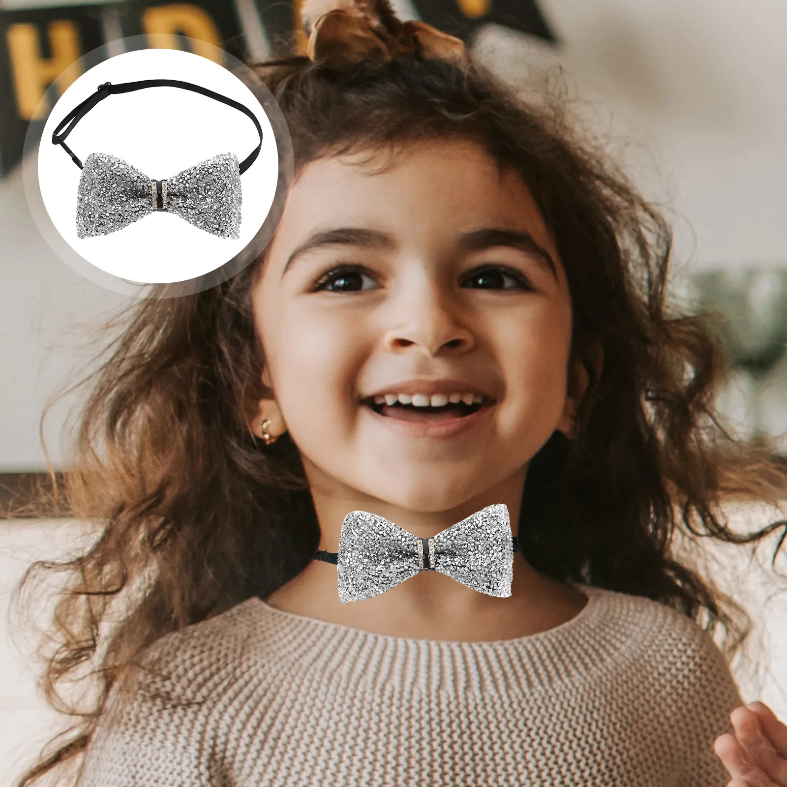 

2Pcs Children Bow Tie Sparkling Glitter Crystal Bowknot Pre-Tied Comfortable Adjustable for Toddlers Holiday Birthday Photo