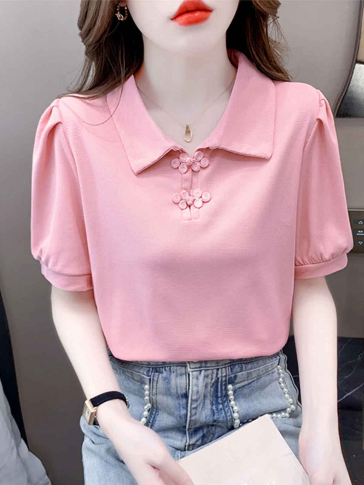 

Новая женская летняя футболка с китайскими пуговицами, укороченная, приталенная, универсальная, модная, повседневная.