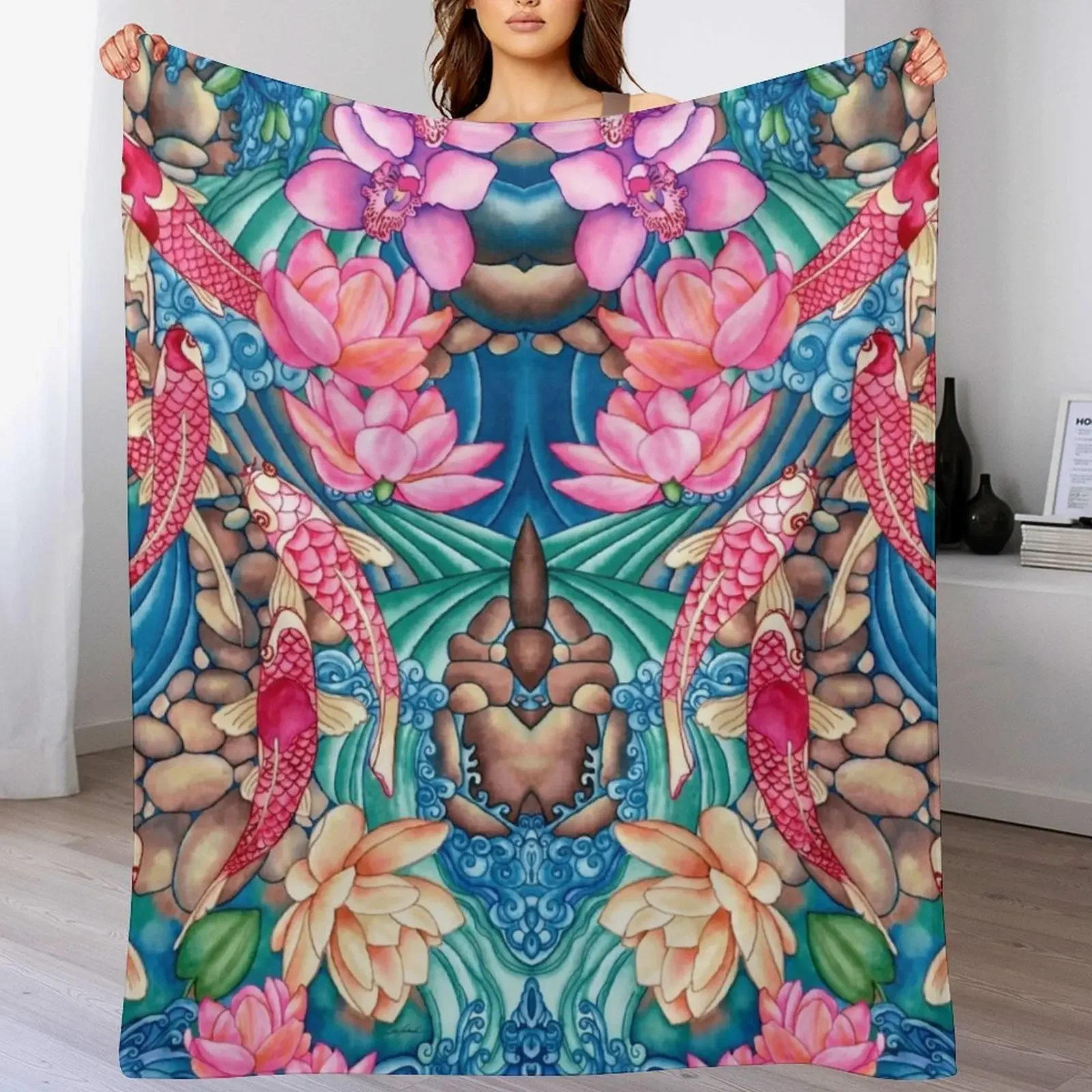 

Koi Pond Throw Blanket Warm Accent Blanket for Living Room Decoration