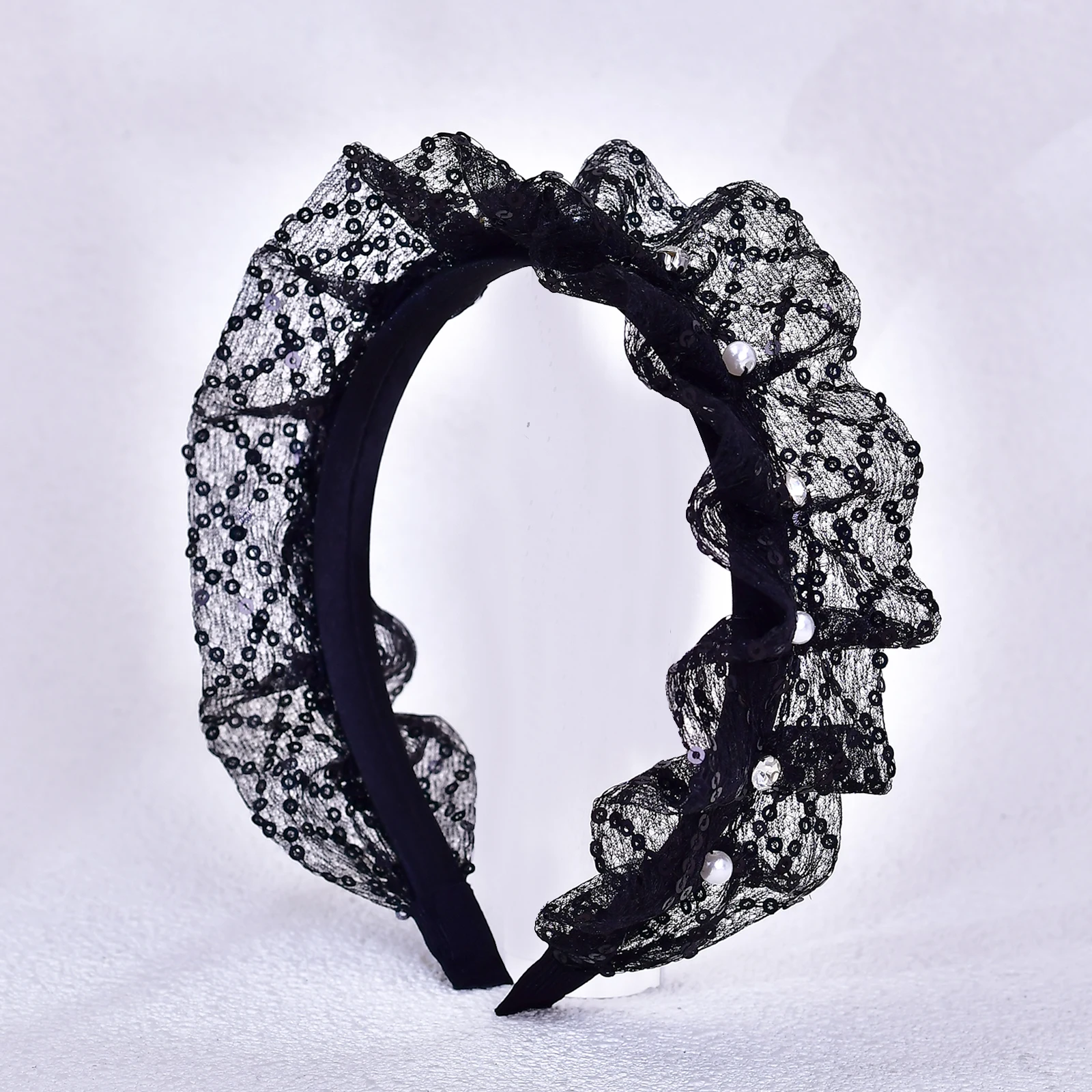 

Модная кружевная повязка на голову с рюшами, аксессуар для волос для пляжного отдыха и праздников, черная повязка для волос с пайетками SA98