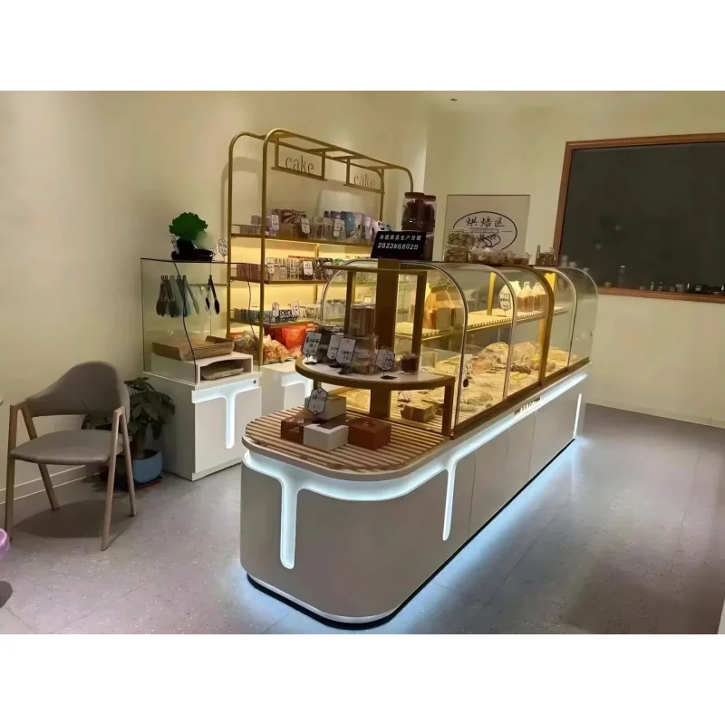 custom.Commercial Luxury Wooden Bakery Display LED Lighting Glass Back Ladder Shelf Varnished Heavy Duty Shoppin