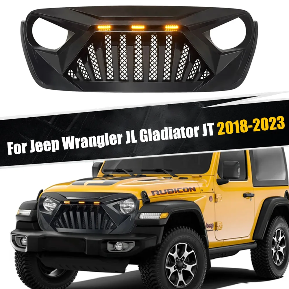 

Car Bumper Grills Grill Mesh Cover For Jeep Wrangler JL Gladiator JT 2018-2023 Radiator Front Grille With LED Lights Fit