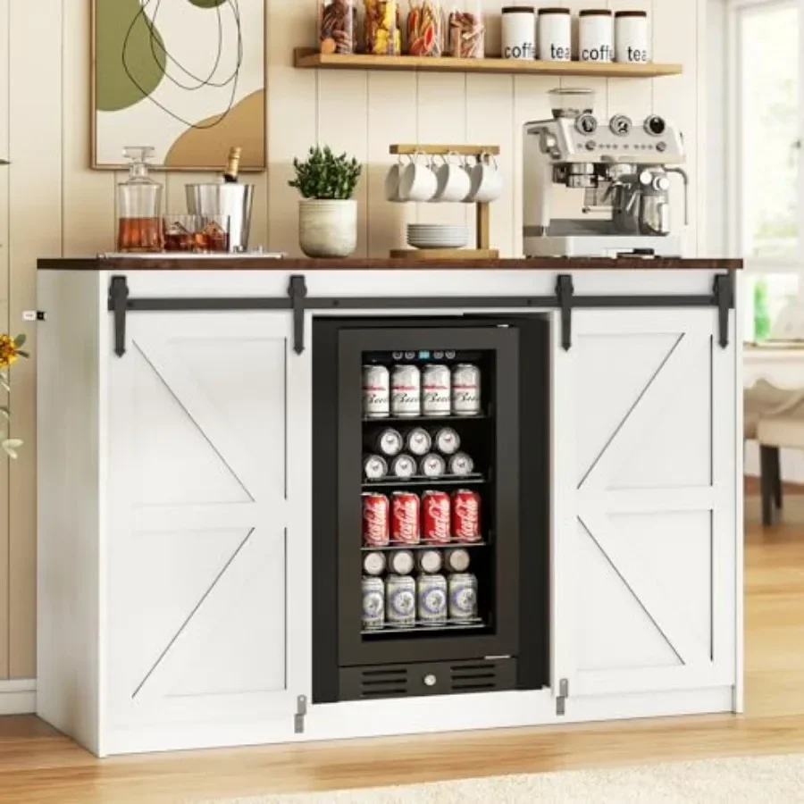 

Coffee Bar Cabinet with Storage - 53 Farmhouse Coffee Bar with Barn Doors, Mini Fridge Cabinet with Power Outlet for Kitchen Di