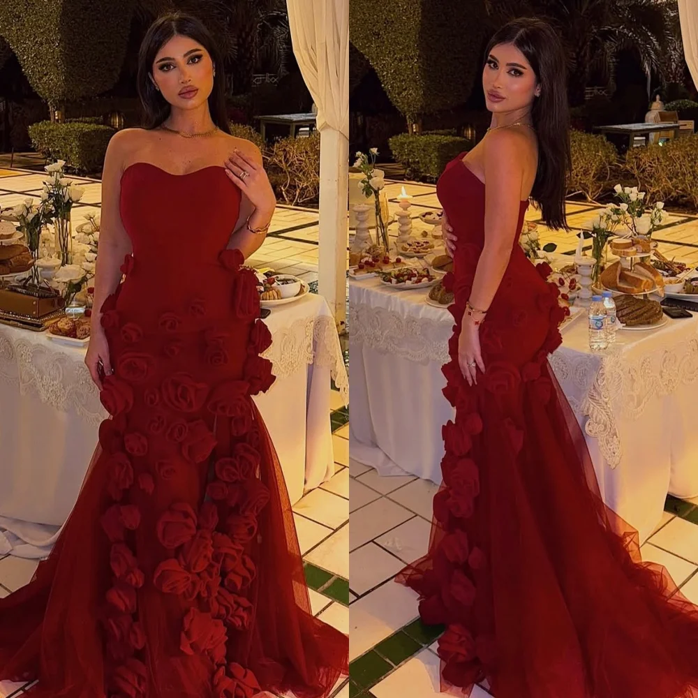 

Индивидуальные высокое качество замысловатый тюль ручной работы с цветочной складкой Русалка без бретелек Длинные платья Элегантные платья для особых случаев на заказ