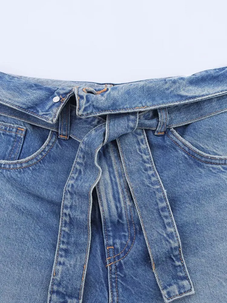 Damskie letnie spodenki jeansowe 2025 moda solidna, wysoka talia szarfy z kokardką kieszenie kobiece eleganckie spodenki uliczne odzież