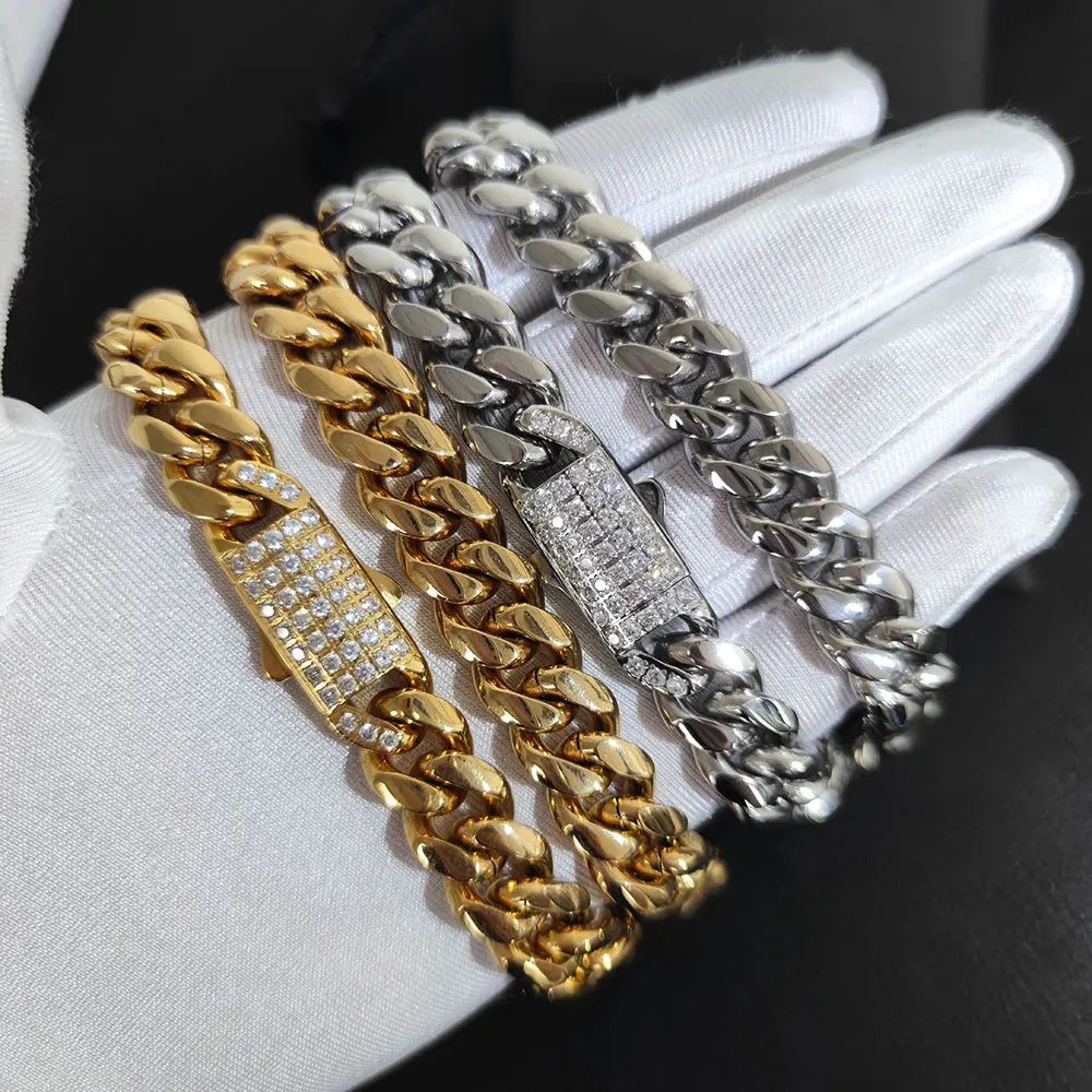 HHIOK 10 มม.12 มม.14 มม.HipHop Iced Out CZ Clasp Cuban Link Chain สแตนเลส Miami สร้อยคอสําหรับชาย