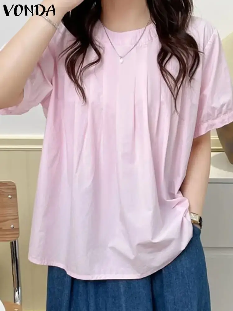 

VONDA Summer Short Sleeve Tops Elegant Pleated Blouse 2024 Women Solid Color Shirts Fashion Casual Loose Blusas Oversized